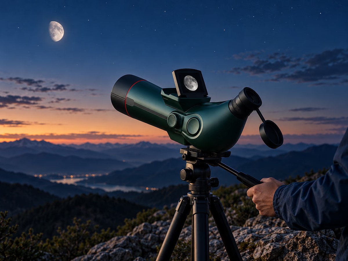WildGuarder NT850 digital spotting scope with flip-up screen on a tripod at a mountain overlook under a twilight moon