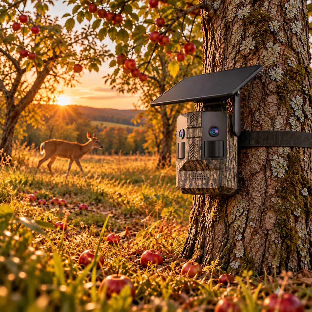 Solar trail camera with a fully visible solar panel mounted on an apple tree at sunset, with a deer in the orchard