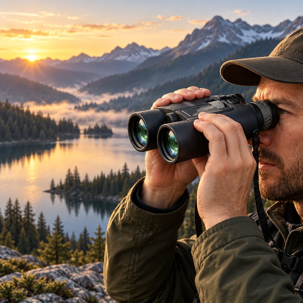 WildGuarder RB4000 OLED rangefinder binoculars used by an outdoor explorer overlooking a mountain lake at sunrise