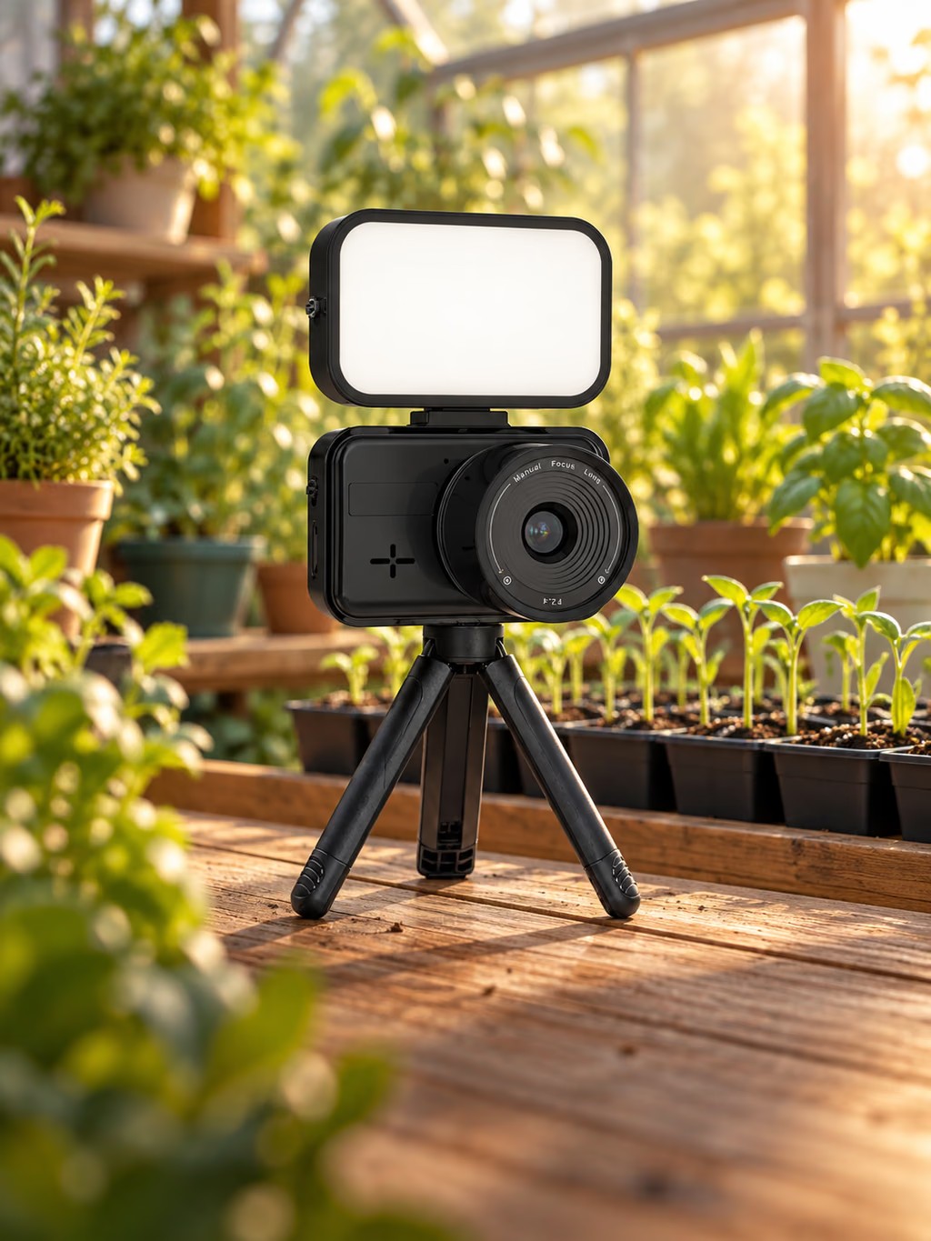 WildGuarder TL3100 time lapse camera with fill light on a mini tripod recording seedlings in a sheltered greenhouse
