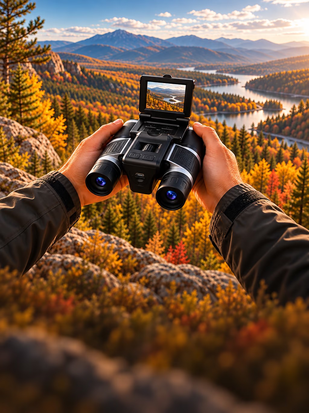 WildGuarder WG40 digital binocular camera with raised LCD and both lenses fully visible at an autumn mountain valley viewpoint