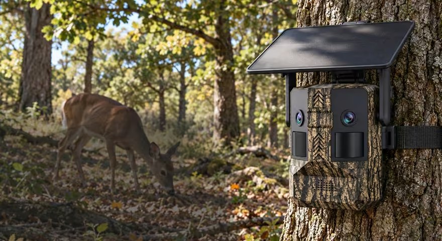 WG-740 solar trail camera with a fully visible solar panel on a tree in a woodland deer scene