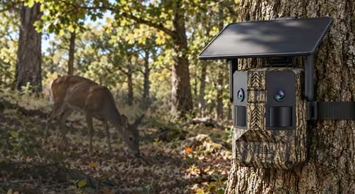 WG-740 solar trail camera and complete solar panel on a tree, with deer in the forest